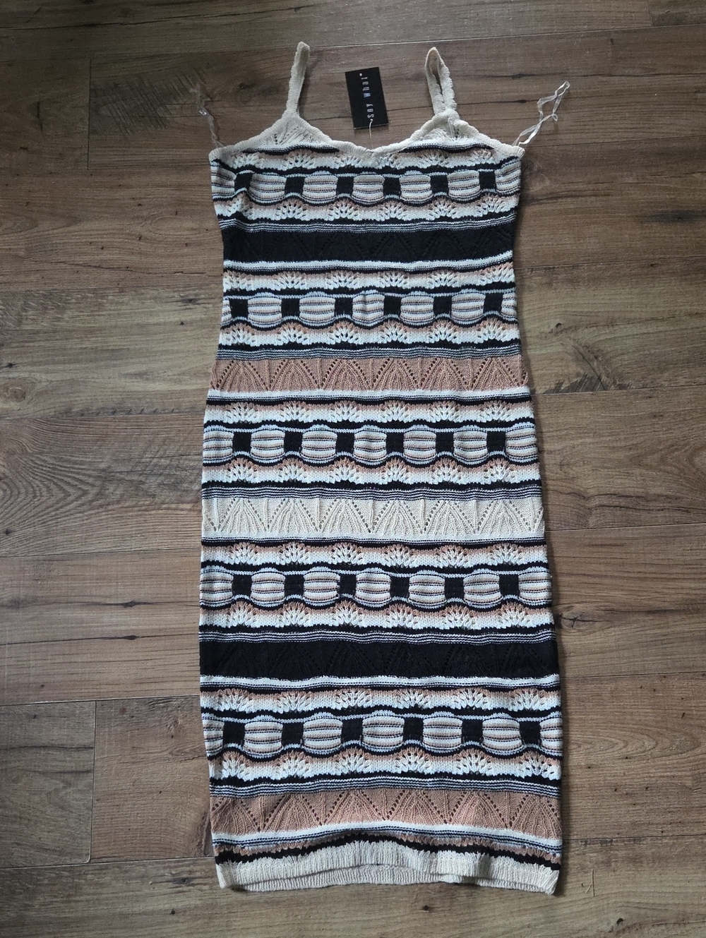 Say What? | Striped Knit Midi Dress in Cream, Black & Tan